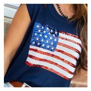 Women’s Navy Blue Sequin Flag Sleeveless Sweatshirt, Small